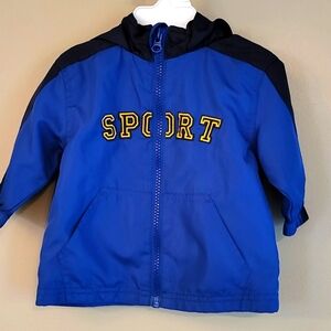 "SPORT" blue nylon zip up hooded windbreaker jacket